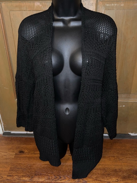 Sweaters - Black Crochet Knit Oversized Boho Wide Sleeve Mesh Flowy Cardigan One Size